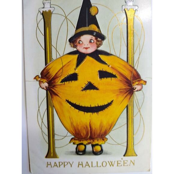 Halloween Postcard Whitney Die-Cut Standup Clown Girl Pumpkin Costume Original - Picture 6 of 7